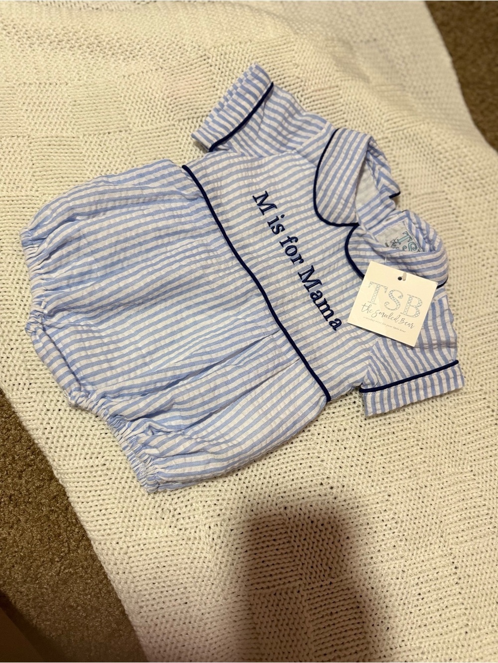 Smocked Blue & White Striped Baby girl/boy with Navy Trim - "M is for Mama"